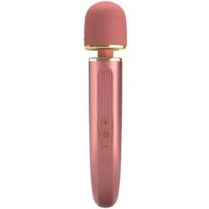 Pink massage wand with textured head and gold accents, side controls visible.