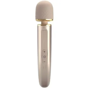 Beige massage wand with textured head and control buttons on the handle.