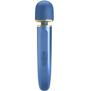 Blauer Massagestab mit goldenen Akzenten und Bedientasten am Griff.