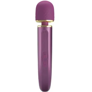 Purple massage wand with gold accents and controls on the handle.