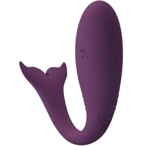 Purple, curved silicone sex toy with a smooth surface and one end shaped like a stylized fin.