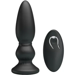 Black anal plug with remote control, both made of smooth material, on a white background.