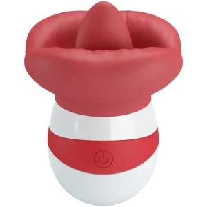 Rotes und weißes Gerät mit runder Basis und breitem, weichem Aufsatz, Power-Button sichtbar.