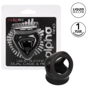 Verpackung und Produkt eines schwarzen Silikonrings mit 1 Jahr Garantie, Marke CalExotics.