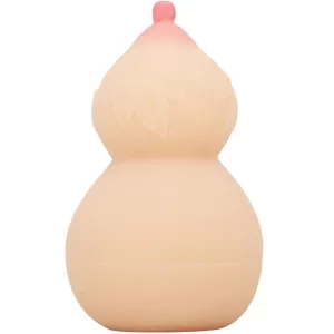 Beigefarbene, birnenförmige Figur mit rosa Spitze und Blattmuster.