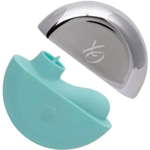 Turquoise, crescent-shaped object with a silver lid bearing an 