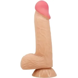 Beige Dildo mit rosa Spitze und Saugnapf, stehend aufrecht.