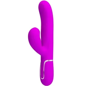 Purple vibrator with two arms, ergonomic design, smooth surface, silver accents.