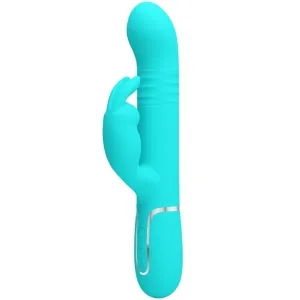 Turquoise vibrator with clitoral stimulator in rabbit shape, side view.