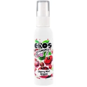 Weißes Sprayfläschchen mit Kirschen- und Minzdesign, Aufschrift: 