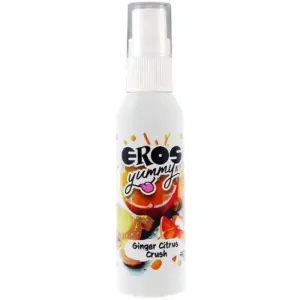 Sprühflasche mit Eros Yummy Ginger Citrus Crush Design, bunte Zitrusfrüchte auf dem Etikett.