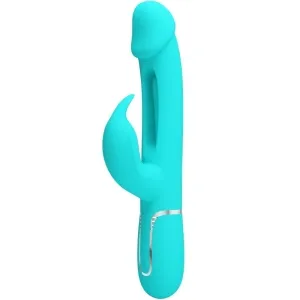 Türkiser Vibrator mit Klitoris-Stimulator und Bedienelementen am Griff.