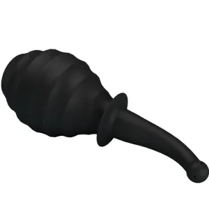 Schwarze, gerippte Gummipumpe mit langem, schmalem Ausguss, auf weißem Hintergrund.
