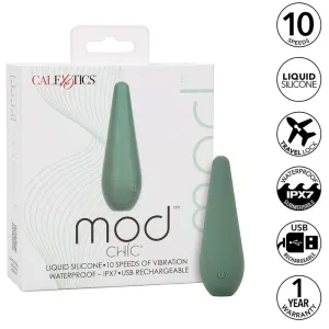 Green silicone vibrator packaging with 10 speeds, waterproof, USB rechargeable, travel lock, 1 year warranty.