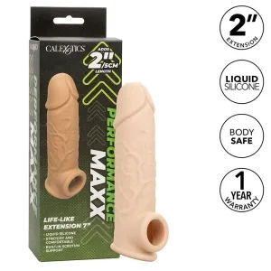 Silicone penis extender, 2 inches, skin-colored, packaging with product details, 1 year warranty.
