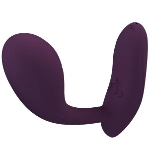 Lila, gebogenes Silikon-Sextoy mit zwei Enden, eines größer, eines kleiner, auf weißem Hintergrund.