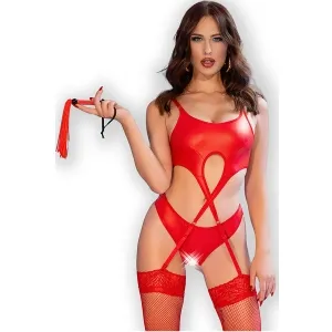 Woman in red lingerie with garter belt and whip, posing confidently against a white background.