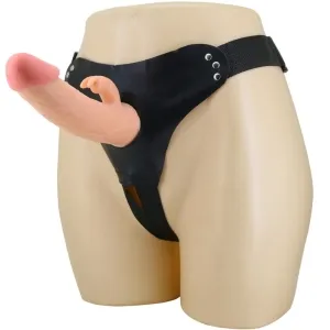 Schwarzer Strap-On mit realistischem Dildo und kleinem Arm auf einem Mannequin.