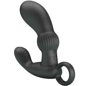 Schwarzes, gebogenes Silikon-Sextoy mit strukturierten Details und einem Ringgriff am Ende.