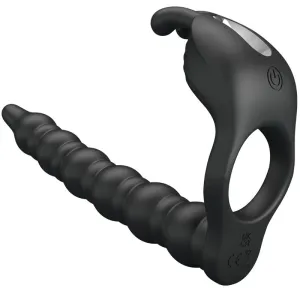 Schwarzes, geripptes Sexspielzeug mit ergonomischem Griff und Ein-/Ausschaltknopf.