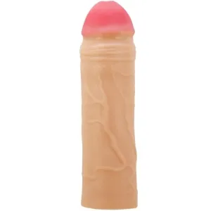 Silicone dildo with pink tip and veined surface, standing on a white background.