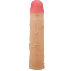 Ein hautfarbener Dildo mit rosa Spitze und geäderter Oberfläche, stehend.