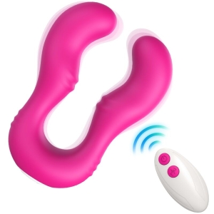 Rosa U-förmiger Vibrator mit Fernbedienung, zwei pinke Knöpfe, blaue Wellenlinien zeigen kabellose Verbindung.