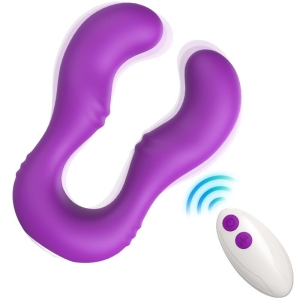 Purple U-shaped vibrator with remote control that displays blue waves.