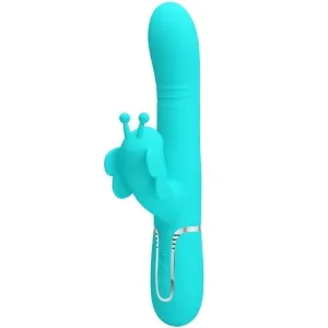 Türkises Vibrator-Spielzeug mit Schmetterlingsaufsatz und Bedienelementen am Griff.