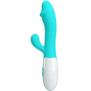 Turquoise vibrator with white handle, two shaft designs, for dual stimulation.