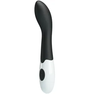 Schwarzer und weißer Vibrator mit gebogener Spitze und zwei Knöpfen am Griff.