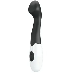 Schwarzer und weißer Vibrator mit gebogenem Kopf und zwei Knöpfen.