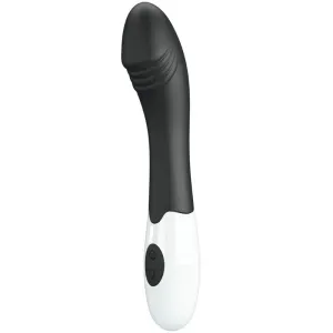 Schwarzer und weißer Vibrator mit gebogenem Design und zwei Knöpfen am Griff.