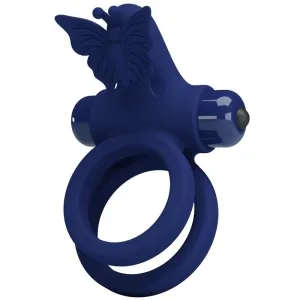 Blue silicone ring with butterfly design and vibration function.