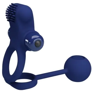 Blue silicone sex toy with two rings and a ball, textured area and a protruding part.
