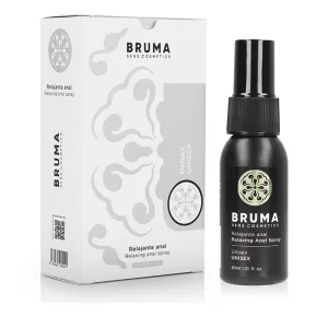 Schwarze Flasche und weiße Verpackung von Bruma Sens Cosmetics Relaxing Anal Spray, 30 ml, unisex.