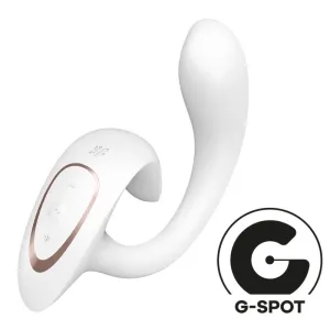 Weißer G-Punkt-Vibrator mit Bedienelementen, daneben ein G-Spot-Logo.