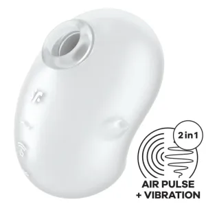 Weißes 2-in-1-Gerät mit Luftimpuls und Vibration, abgerundetes Design, Symbol für Luftimpuls und Vibration.