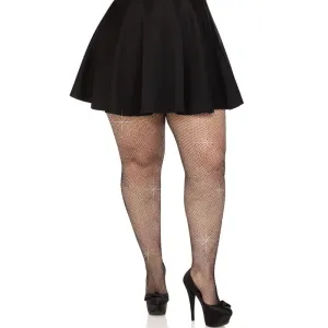 Person in schwarzem Rock und glitzernden Netzstrumpfhosen, trägt schwarze High Heels.
