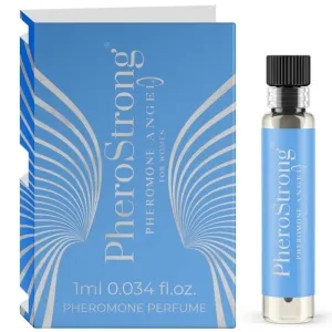 Blaue Verpackung und Flakon von PheroStrong Pheromon-Parfüm für Frauen, 1 ml.