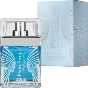 Parfümflasche und Verpackung von PheroStrong, 50 ml, mit blauem Design und silbernen Akzenten.