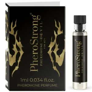 Schwarze Verpackung und Fläschchen von PheroStrong Pheromon-Parfüm für Männer mit goldenen Flammenmotiven.