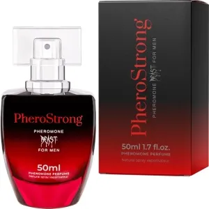 Parfümflasche und Verpackung von PheroStrong Beast für Männer, 50 ml, in Rot und Schwarz.