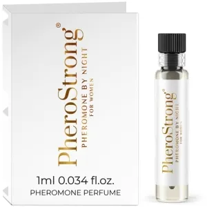 PheroStrong Pheromon-Parfüm für Frauen, 1 ml Fläschchen neben weißer Verpackung mit goldener Schrift.
