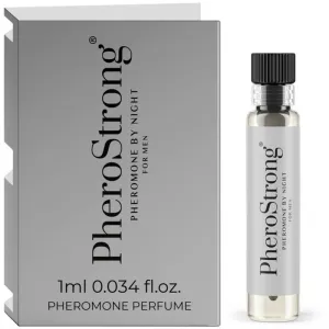 Graue Verpackung und Fläschchen von PheroStrong Pheromon-Parfüm für Männer, 1 ml.
