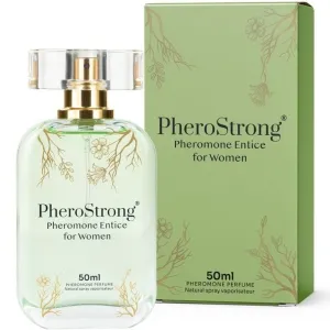 Parfümflasche und Verpackung von PheroStrong Pheromone Entice für Frauen, 50 ml, mit floralen Verzierungen.