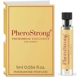PheroStrong Pheromon-Parfüm für Frauen, 1 ml Fläschchen neben gelber Verpackung.