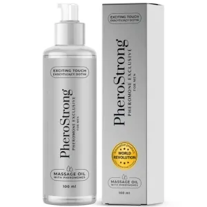 Flasche und Verpackung von PheroStrong Massageöl mit Pheromonen für Männer, 100 ml, mit 