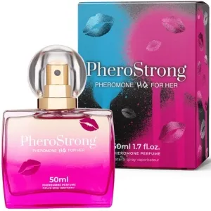 Parfümflasche PheroStrong für Frauen, 50 ml, mit pinkem und blauem Karton, Lippenmotiv auf Flasche und Verpackung.