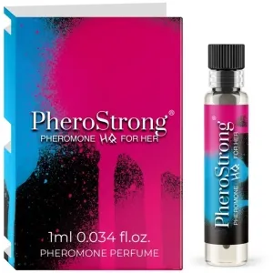 PheroStrong Pheromonparfüm für Frauen, 1 ml Flasche, bunte Verpackung in Pink und Blau.